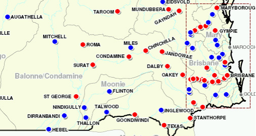 Location map - 2011 Surat Flood (Red dots - flood inundated towns. Blue dots - flood affected towns)